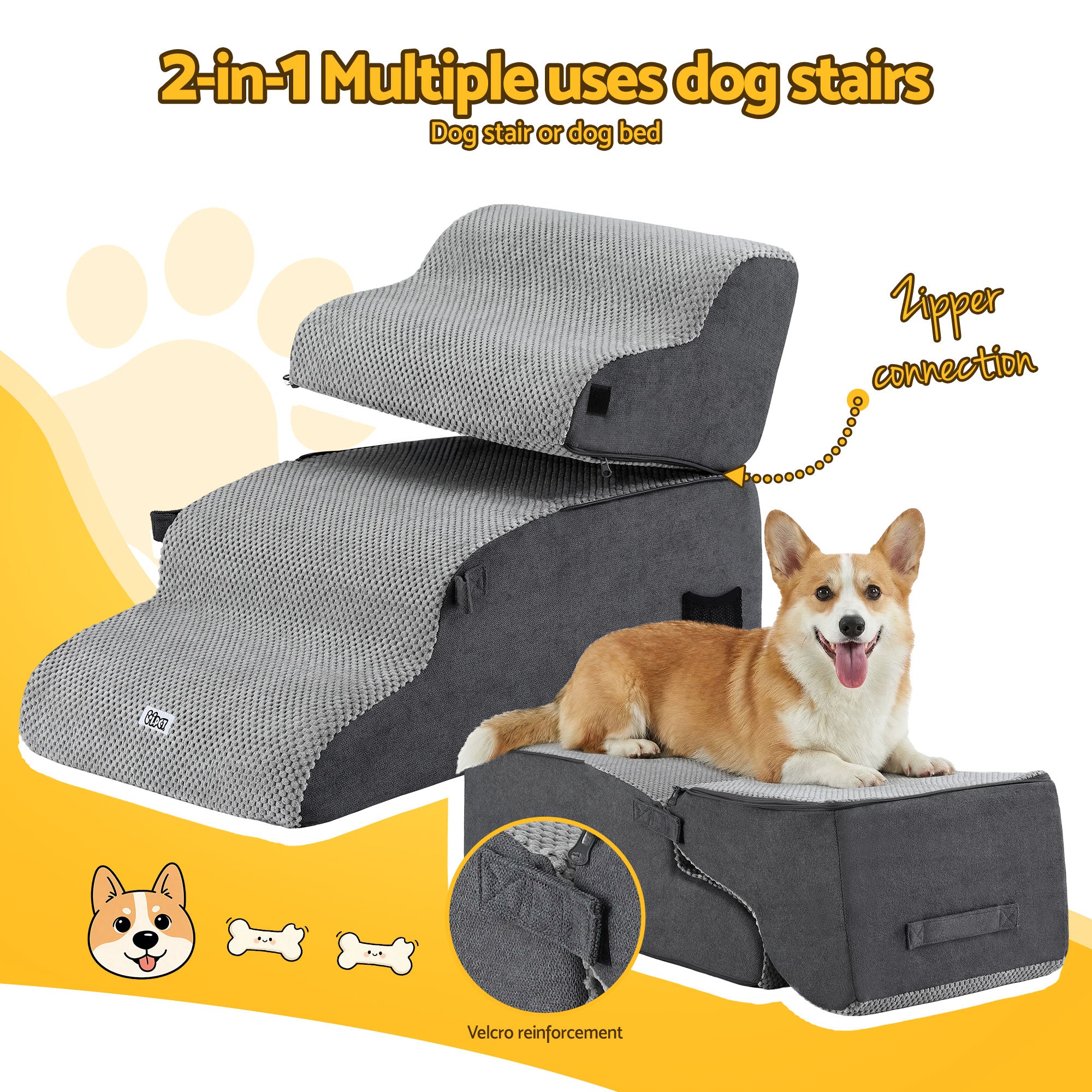 2-in-1 Pet Stairs & Bed – Grey