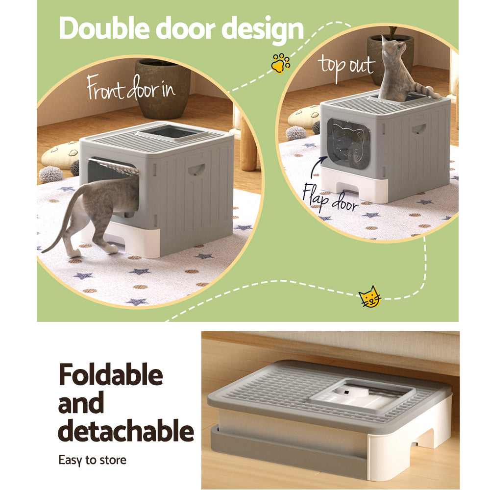 Foldable Hooded Cat Litter Box – Grey