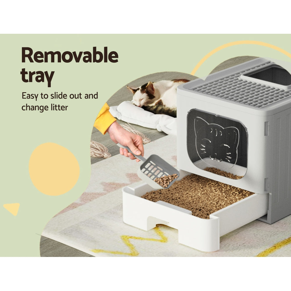 Foldable Hooded Cat Litter Box – Grey