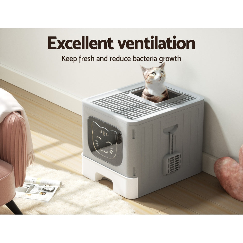 Foldable Hooded Cat Litter Box – Grey