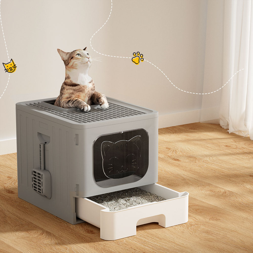 Foldable Hooded Cat Litter Box – Grey