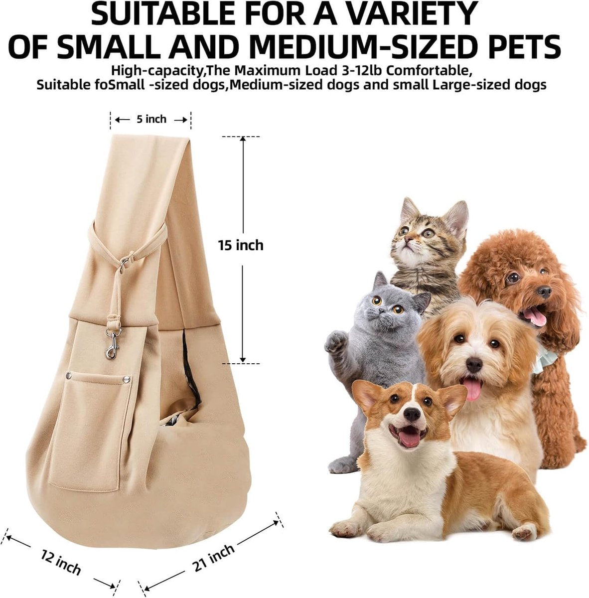 Pet Sling Carrier – Khaki, Up to 10kg