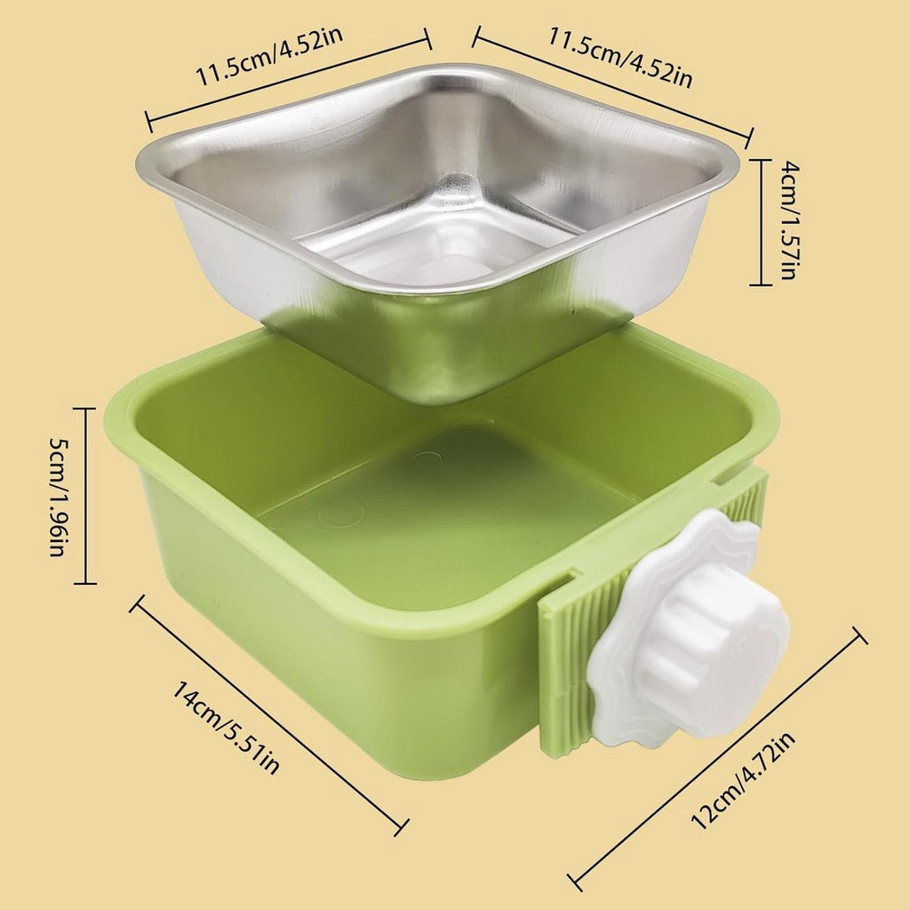 2-Pack Hanging Stainless Steel Pet Bowls – Green & Blue
