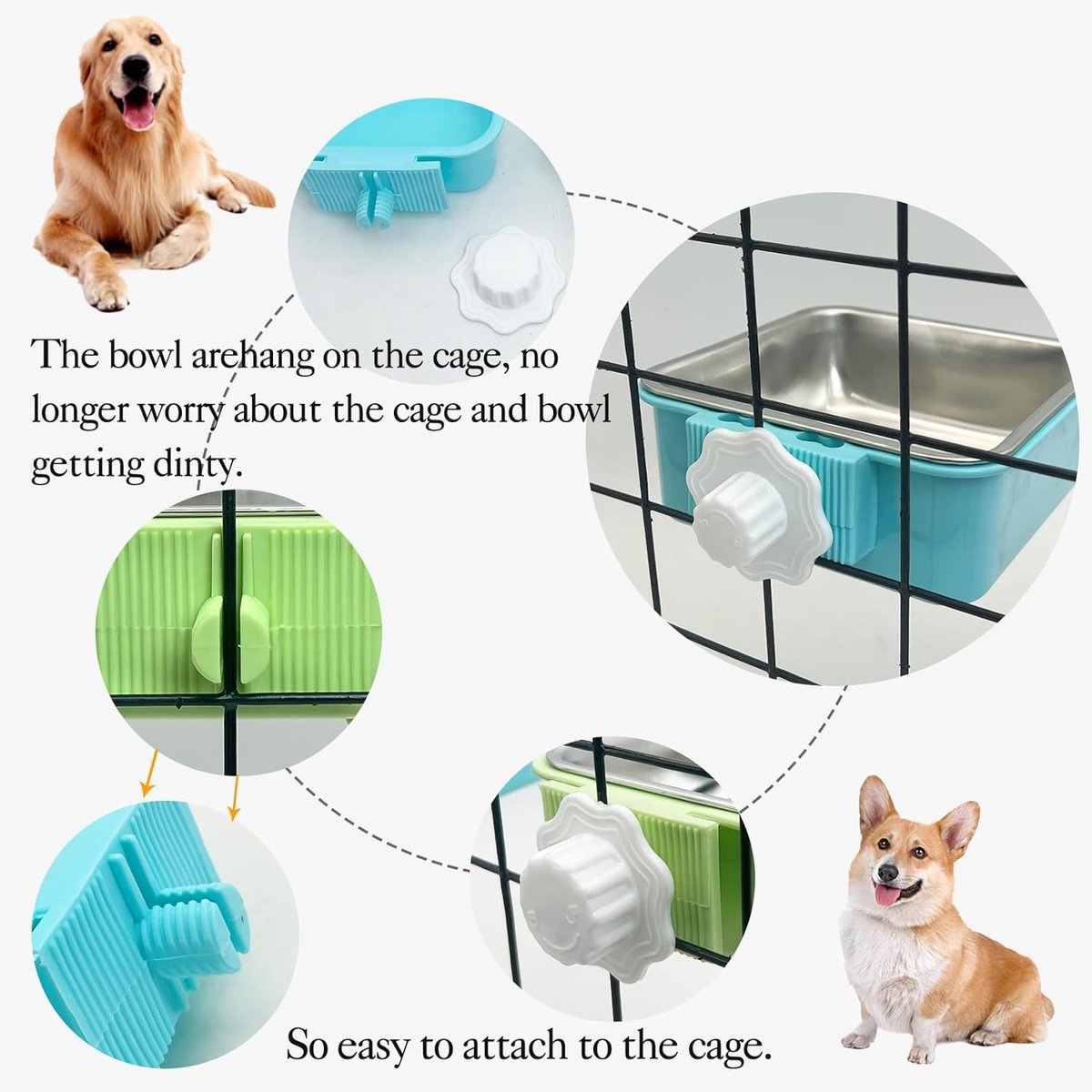 2-Pack Hanging Stainless Steel Pet Bowls – Green & Blue