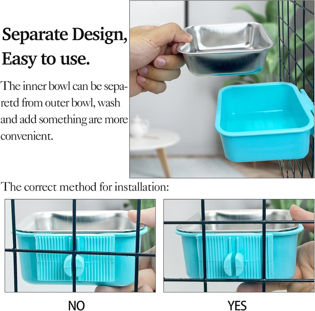 2-Pack Hanging Stainless Steel Pet Bowls – Green & Blue