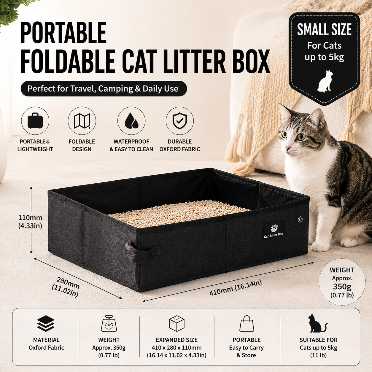 Small Foldable Travel Cat Litter Box – Black